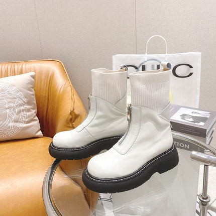 BOTTEGA VENETA 26S PLATFORM ANKLE BOOTS IN OFF WHITE KNIT FABRIC AND CALFSKIN