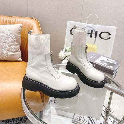 BOTTEGA VENETA 26S PLATFORM ANKLE BOOTS IN OFF WHITE KNIT FABRIC AND CALFSKIN