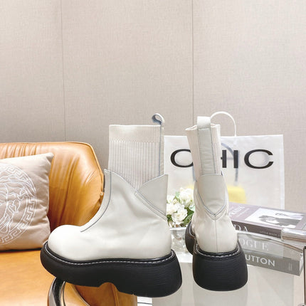 BOTTEGA VENETA 26S PLATFORM ANKLE BOOTS IN OFF WHITE KNIT FABRIC AND CALFSKIN