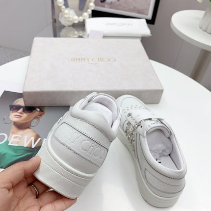 JIMMY CHOO 26S SNEAKERS IN OFF WHITE CALFSKIN CRYSTAL EMBELLISHED