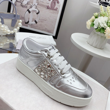JIMMY CHOO 26S SNEAKERS IN SILVER CALFSKIN CRYSTAL EMBELLISHED