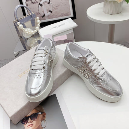 JIMMY CHOO 26S SNEAKERS IN SILVER CALFSKIN CRYSTAL EMBELLISHED