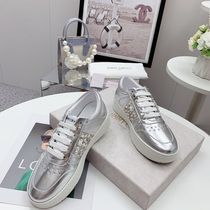 JIMMY CHOO 26S SNEAKERS IN SILVER CALFSKIN CRYSTAL EMBELLISHED