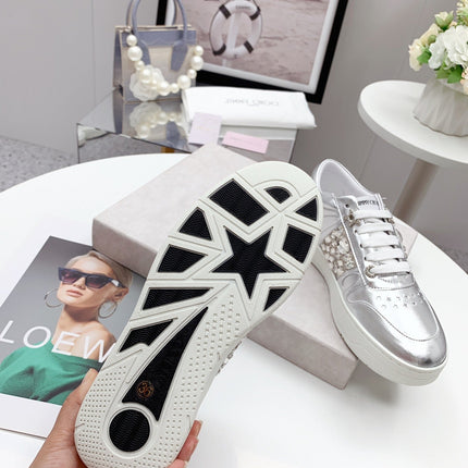 JIMMY CHOO 26S SNEAKERS IN SILVER CALFSKIN CRYSTAL EMBELLISHED