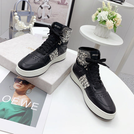 JIMMY CHOO 26S HIGH TOP SNEAKERS IN BLACK CALFSKIN CRYSTAL EMBELLISHED