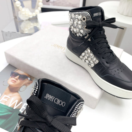 JIMMY CHOO 26S HIGH TOP SNEAKERS IN BLACK CALFSKIN CRYSTAL EMBELLISHED