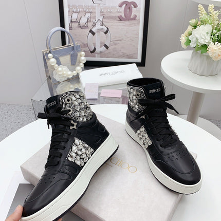 JIMMY CHOO 26S HIGH TOP SNEAKERS IN BLACK CALFSKIN CRYSTAL EMBELLISHED