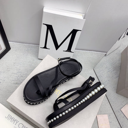 JIMMY CHOO 26S FLATFORM SANDALS 50 MM IN BLACK CALFSKIN WITH PEARLS