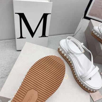 JIMMY CHOO 26S FLATFORM SANDALS 50 MM IN WHITE CALFSKIN WITH PEARLS