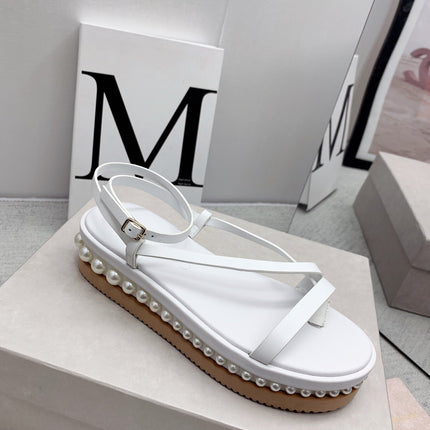 JIMMY CHOO 26S FLATFORM SANDALS 50 MM IN WHITE CALFSKIN WITH PEARLS