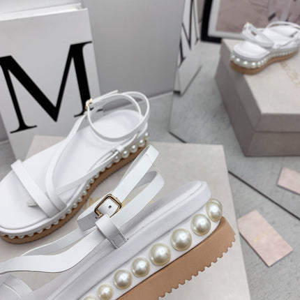 JIMMY CHOO 26S FLATFORM SANDALS 50 MM IN WHITE CALFSKIN WITH PEARLS