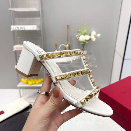 VALENTINO 26S ROCKSTUD STRAPPY BLOCK HEEL SLIDE SANDALS IN WHITE CALFSKIN GOLD HARDWARE