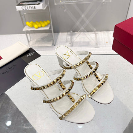 VALENTINO 26S ROCKSTUD STRAPPY BLOCK HEEL SLIDE SANDALS IN WHITE CALFSKIN GOLD HARDWARE