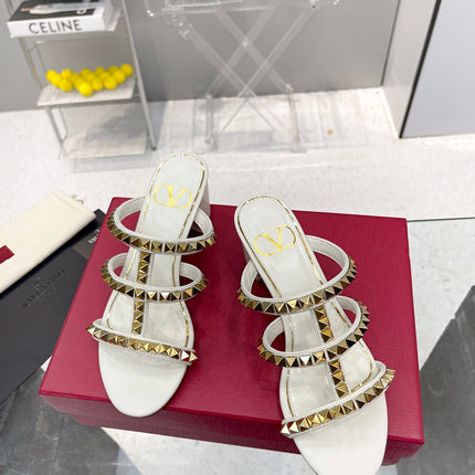 VALENTINO 26S ROCKSTUD STRAPPY BLOCK HEEL SLIDE SANDALS IN WHITE CALFSKIN GOLD HARDWARE