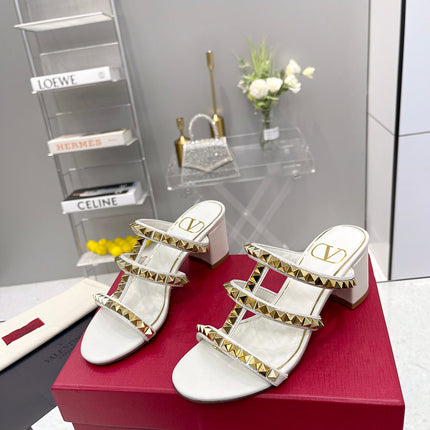 VALENTINO 26S ROCKSTUD STRAPPY BLOCK HEEL SLIDE SANDALS IN WHITE CALFSKIN GOLD HARDWARE