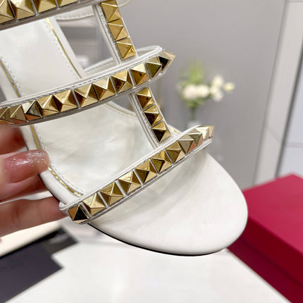 VALENTINO 26S ROCKSTUD STRAPPY BLOCK HEEL SLIDE SANDALS IN WHITE CALFSKIN GOLD HARDWARE