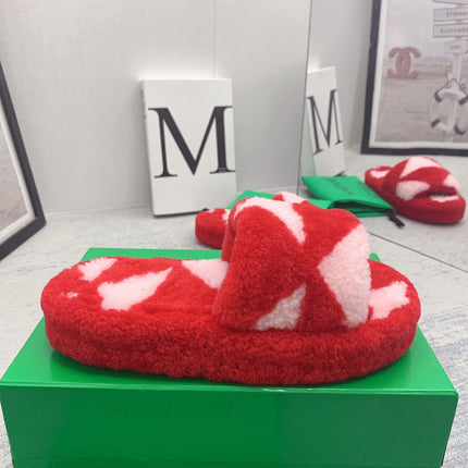 BOTTEGA VENETA 26S PLATFORM SLIDES IN RED MIX PINK SHEARLING