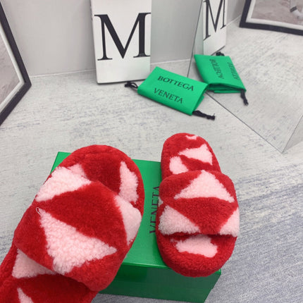 BOTTEGA VENETA 26S PLATFORM SLIDES IN RED MIX PINK SHEARLING