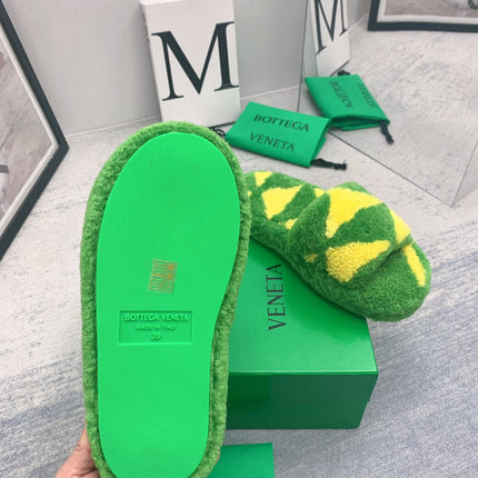 BOTTEGA VENETA 26S PLATFORM SLIDES IN GREEN MIX YELLOW SHEARLING