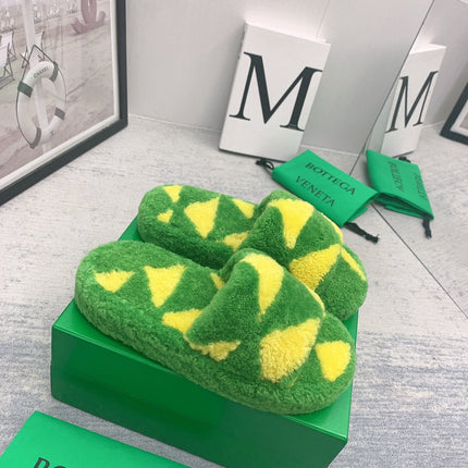BOTTEGA VENETA 26S PLATFORM SLIDES IN GREEN MIX YELLOW SHEARLING