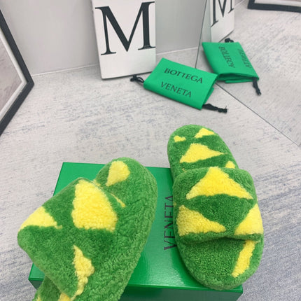 BOTTEGA VENETA 26S PLATFORM SLIDES IN GREEN MIX YELLOW SHEARLING