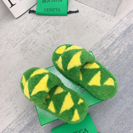 BOTTEGA VENETA 26S PLATFORM SLIDES IN GREEN MIX YELLOW SHEARLING