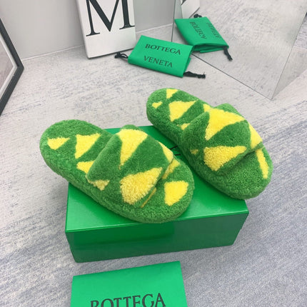 BOTTEGA VENETA 26S PLATFORM SLIDES IN GREEN MIX YELLOW SHEARLING