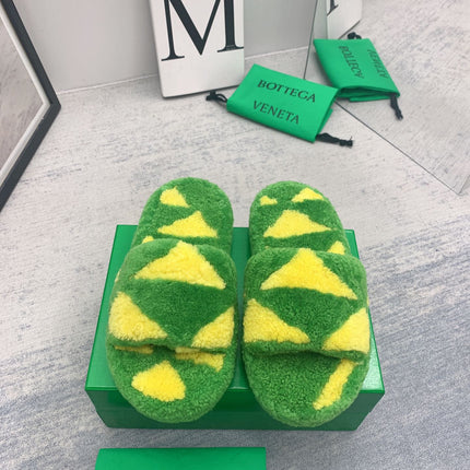 BOTTEGA VENETA 26S PLATFORM SLIDES IN GREEN MIX YELLOW SHEARLING