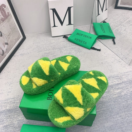 BOTTEGA VENETA 26S PLATFORM SLIDES IN GREEN MIX YELLOW SHEARLING
