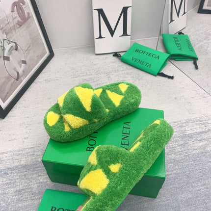 BOTTEGA VENETA 26S PLATFORM SLIDES IN GREEN MIX YELLOW SHEARLING