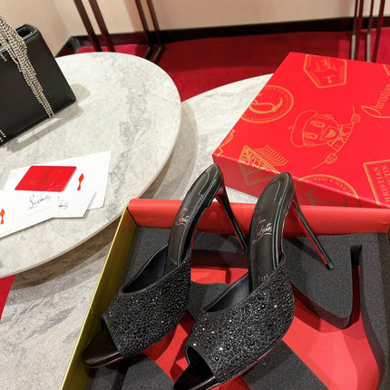 CHRISTIAN LOUBOUTIN 26S HEEL SANDALS 100 MM IN BLACK LEATHER RHINESTONES