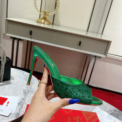 CHRISTIAN LOUBOUTIN 26S HEEL SANDALS 100 MM IN METALLIC GREEN LEATHER RHINESTONES