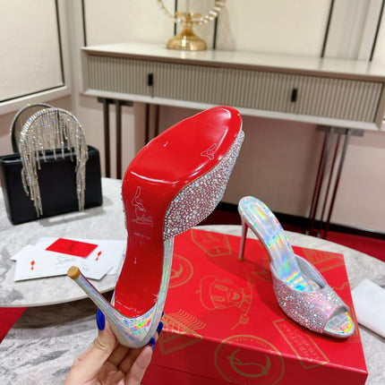 CHRISTIAN LOUBOUTIN 26S HEEL SANDALS 100 MM IN RAINBOW METALLIC LEATHER RHINESTONES
