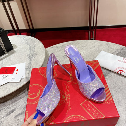 CHRISTIAN LOUBOUTIN 26S HEEL SANDALS 100 MM IN METALLIC PURPLE LEATHER RHINESTONES