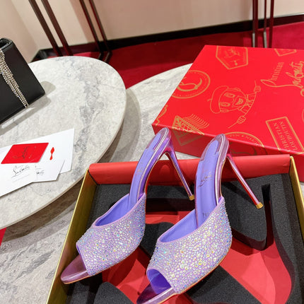 CHRISTIAN LOUBOUTIN 26S HEEL SANDALS 100 MM IN METALLIC PURPLE LEATHER RHINESTONES
