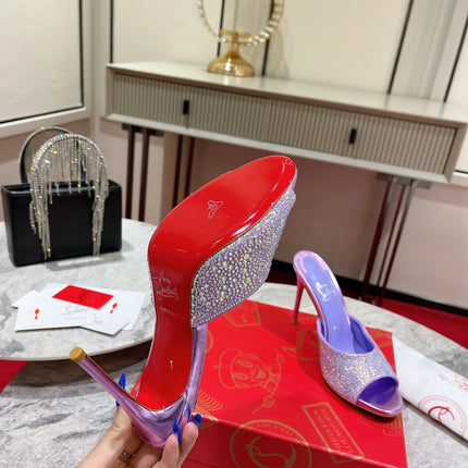 CHRISTIAN LOUBOUTIN 26S HEEL SANDALS 100 MM IN METALLIC PURPLE LEATHER RHINESTONES