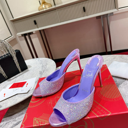 CHRISTIAN LOUBOUTIN 26S HEEL SANDALS 100 MM IN METALLIC PURPLE LEATHER RHINESTONES