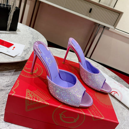 CHRISTIAN LOUBOUTIN 26S HEEL SANDALS 100 MM IN METALLIC PURPLE LEATHER RHINESTONES