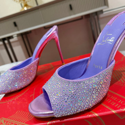 CHRISTIAN LOUBOUTIN 26S HEEL SANDALS 100 MM IN METALLIC PURPLE LEATHER RHINESTONES