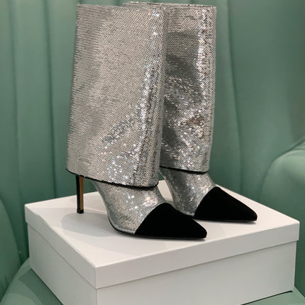 BALMAIN 26S BOOTS 105 MM IN SILVER GLITTER AND BLACK SUEDE