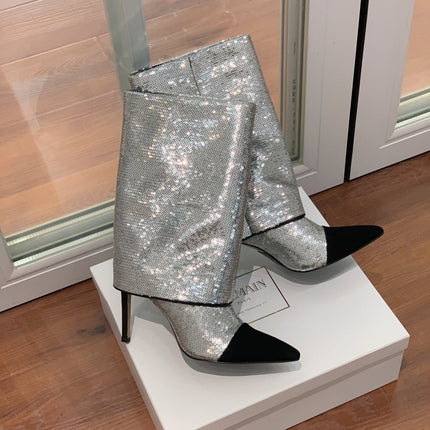 BALMAIN 26S BOOTS 105 MM IN SILVER GLITTER AND BLACK SUEDE