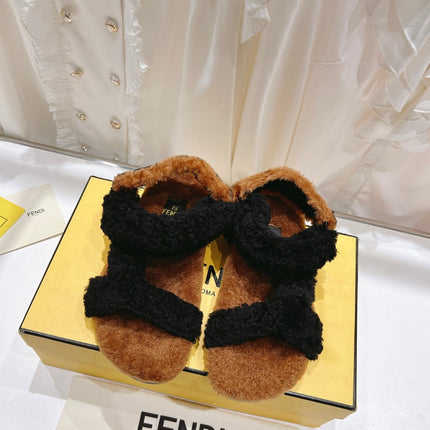 FENDI DAD SANDAL IN BLACK MIX CINNAMON BROWN FLEECE