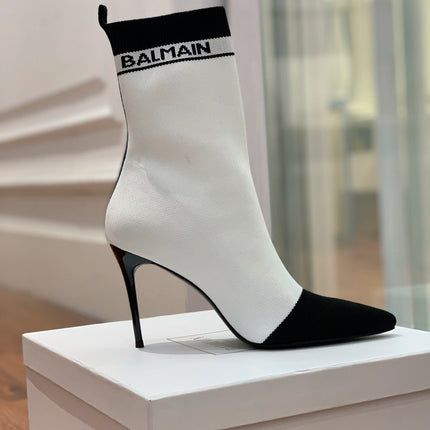 BALMAIN 26S BOOTS 105 MM IN WHITE AND BLACK FLYKNIT STYLE 18