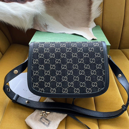 GG HORSEBIT 1955 SADDLE BAG 25 IN BLACK CANVAS AND CALFSKIN