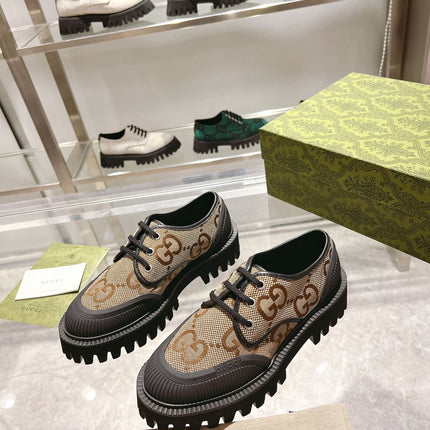 GUCCI 26S LACE-UP SHOES IN BEIGE AND BLACK GG CANVAS