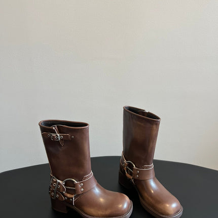 MIUMIU 26S MID-CALF BOOTS IN BROWN CALFSKIN SILVER HARDWARE