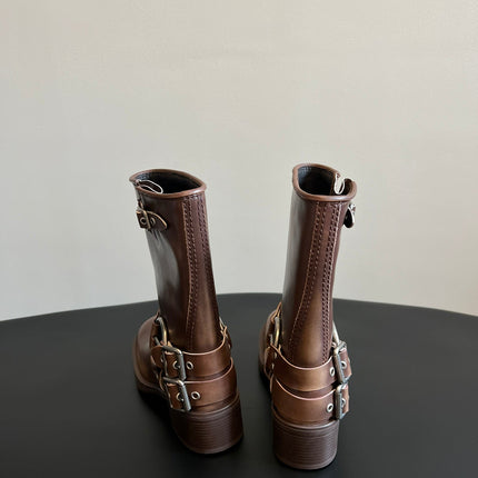 MIUMIU 26S MID-CALF BOOTS IN BROWN CALFSKIN SILVER HARDWARE