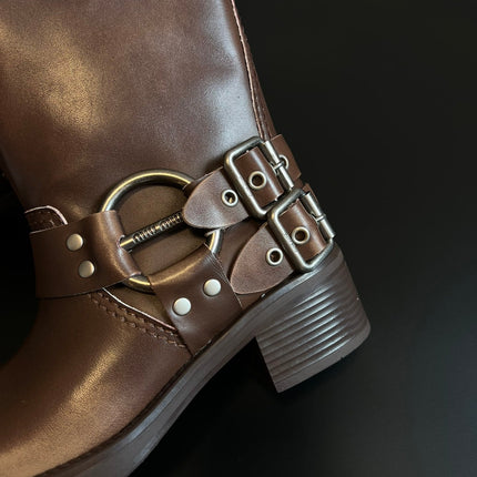 MIUMIU 26S MID-CALF BOOTS IN BROWN CALFSKIN SILVER HARDWARE