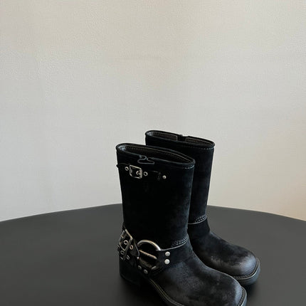 MIUMIU 26S MID-CALF BOOTS IN BLACK SUEDE SILVER HARDWARE