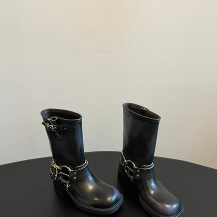 MIUMIU 26S MID-CALF BOOTS IN BLACK CALFSKIN SILVER HARDWARE